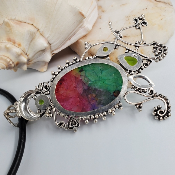 Rainbow Agate/Peridot Stone Silver 925 Pendant - Picture 3 of 6
